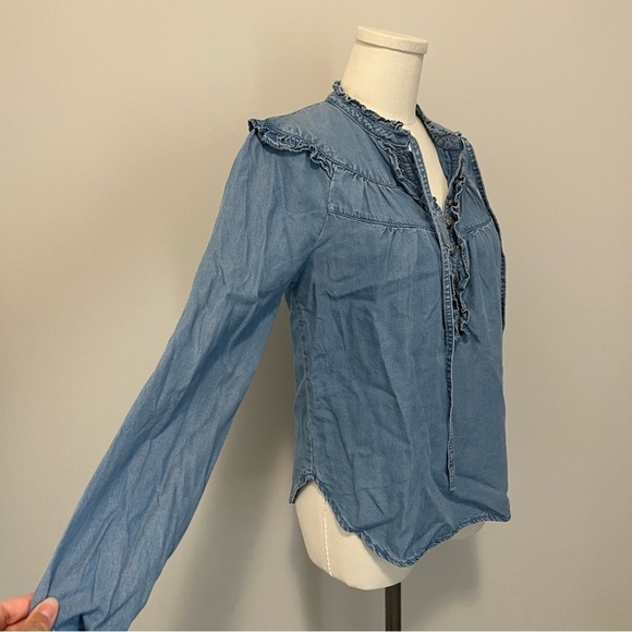 Anthropologie Maeve Chambray Ruffle Long Sleeve Top - Picture 6 of 15